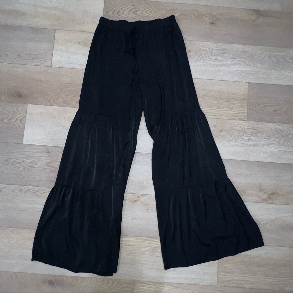 Luukse Elegant Black Satin Feel Wide-Leg Women's Pants Large